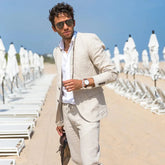 Linen Casual Suits for Summer Men Beach Wedding Tuxedo Custom Groom Prom Business Suit Blazer with Pants Male Fashion Costume