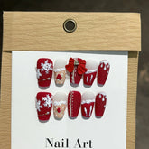 10Pcs Mid-length Christmas French Handmade Fake Nails with Cute Bowknot Winter Snowflake Nail Art Red Press on Acrylic Nail Tips