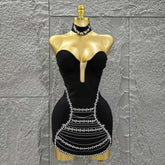 Black Color Women Sexy Strapless Shinning Crustal Bodycon Mini Bandage Dress Necklace Fashion Celebrate Evening Party Outfit