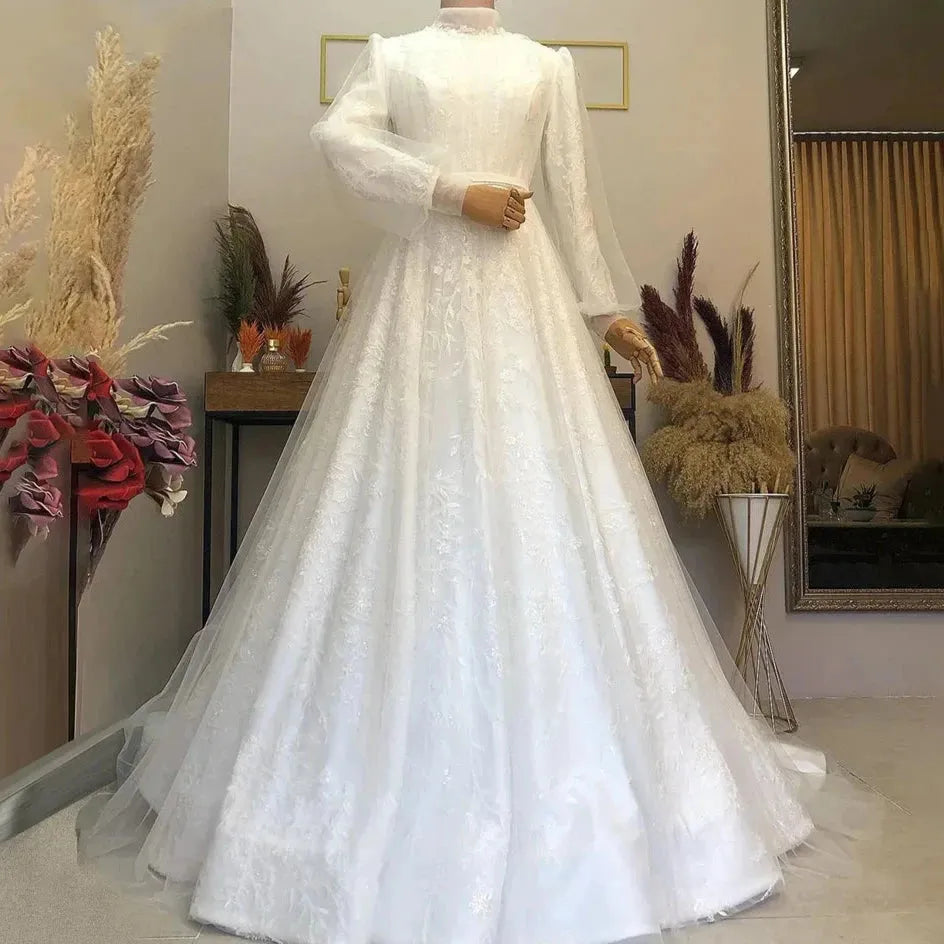 Moroccan Muslim Wedding Gowns for Women Bride High Neck Appliques Arabic Lantern Sleeve Bridal Dress Lace WHITE Custom size
