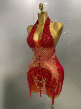 Sexy Red Sparkly Rhinestones Halter Backless Velour Short Dress 2025 New Women Evening Prom Celebrate Birthday Party Stage Wear