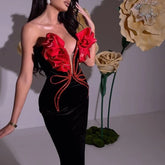 2024 New Fashion Red Florals Women Sexy Strapless Off the Shoulder Bodycon Bandage Long Dress Nightclub Party Celebrate Dress