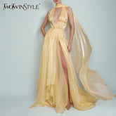 TWOTWINSTYLE Slimming Spliced Folds Sexy Dresses for Women Halter Neck Sleeveless High Split Irregular Dress Female Fashion New