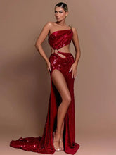 Sexy One Shoulder Cut Out Red Mesh Sequins Red Maxi Long Women Celebrity Dress Elegant Party Evening Club Vestido