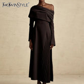 TWOTWINSTYLE Solid Slimming Temperament Midi Dresses for Women Diagonal Neck Long Sleeves Minimalism Dress Female Clothing New