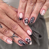 Short Oval Shaped False Nails 24Pcs Black French Press On Nails Flower/Dot Printed Cool Girls Charm Manicure Stick-on Fake Nails