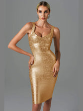 Women Summer Style Sexy Sleeveless Backless Gold Silver Bronzing Midi Bodycon Bandage Dress 2022 Elegant Evening Party Dress