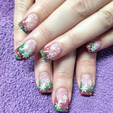 24Pcs Glossy Pink/Green Sequins French False Nails Nude Color Short Square Press On Nails Snowflake Printed Christmas Fake Nails
