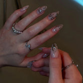 24Pcs Mid-length Almond Fake Nails 3D Silver Flame Heart Line with Design False Nails Press on Detachable Full Cover Nails Tips