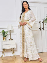 Fashion Floral Print Party Dress Female Lace Tape Full Sleeve V-Neck Sashes Muslim Elegant Women Evening Clothing White Dress