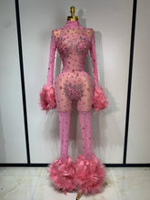 Shiny Diamond Mesh See Through Bodycon Jumpsuit Women Sexy Long Sleeve Performance Singer Costume Nightclub Stage Outfit