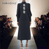 TWOTWINSTYLE Solid Slimming Spliced Bead Dresses for Women High Neck Lantern Sleeves Temperament Long Dress Female Clothing New