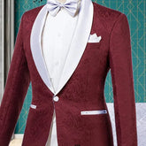 Jacquard Men Suit Burgundy Jacket White Pants New Shawl Lapel One Vent Costume Wedding Groom Party Tuxedos
