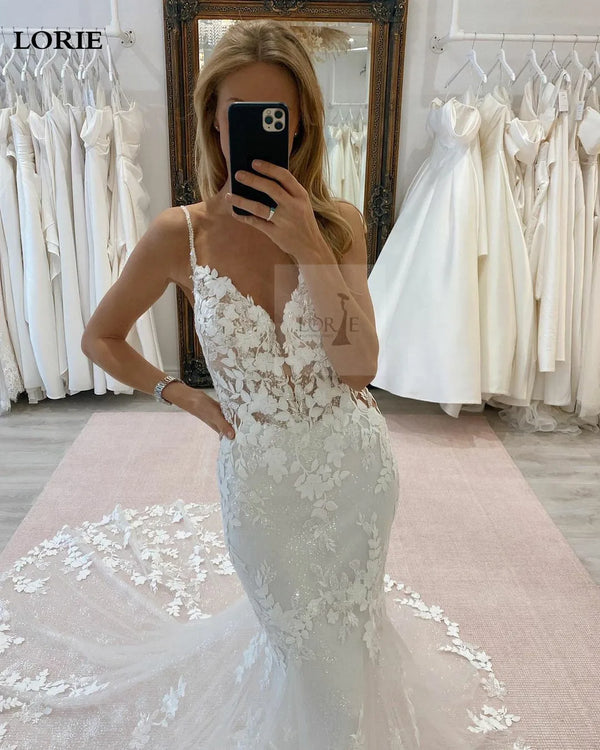 LORIE Elegant Mermaid Wedding Dress Spaghetti Strap Lace Appliques Bride Dresses Puff Tulle Wedding Bridal Gowns