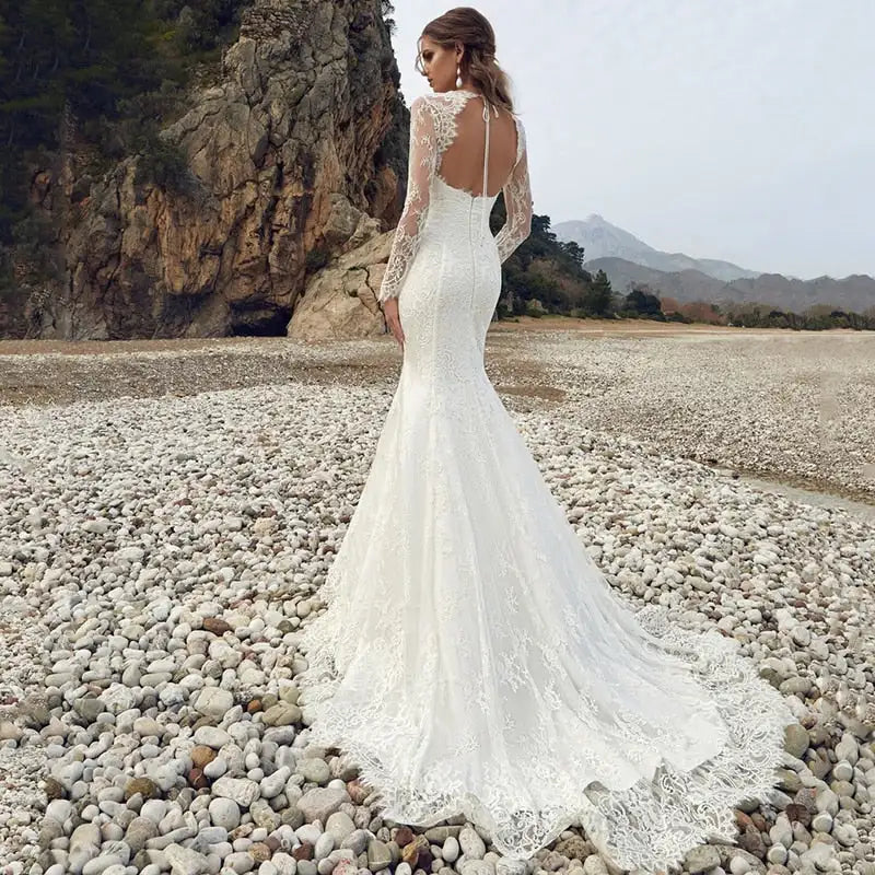 Challoner Luxury Mermaid Wedding Dress V-Neck Lace Appliques Long Sleeves Backless Bridal Gown Floor Length Vestidos De Novia