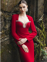 Women Celebrity Sexy Long Sleeve Diamonds Red Maxi Long Bandage Bodycon Dress 2025 Elegant Evening Club Party Outfit