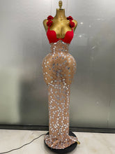 Sexy Sparkly Rhinestones Mesh Mirrors Red Roses Long Dress 2025 New Women Elegant Evening Party Club Stage performance Costume