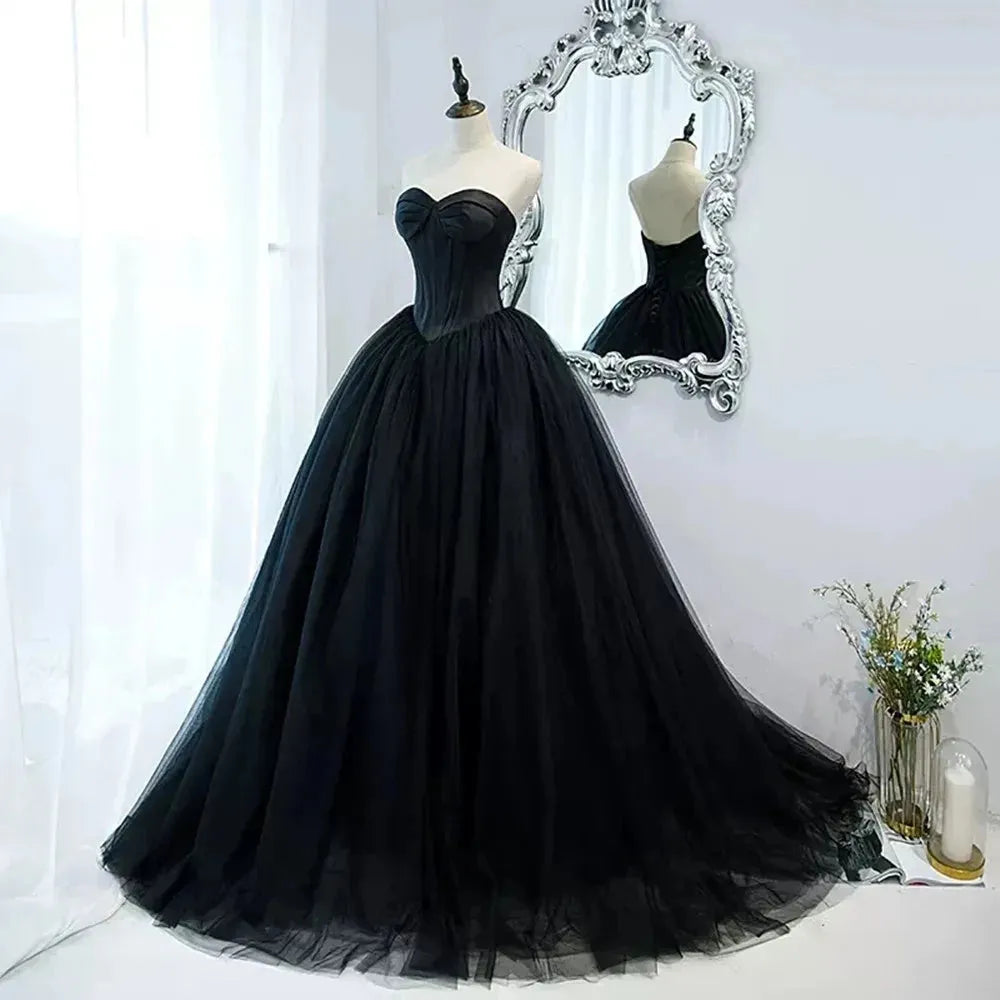 Gothic Black Tulle Prom Dresses Princess Sweetheart Satin Top Women Formal Evening Gowns Exposed Boning Night Met Gala Party Black CHINA