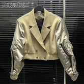 TWOTWINSTYLE Colorblock Casual Jacket For Women Notched Collar Long Sleeve Patchwork Button Chic Loose Coat Female Fashion Style