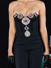 Women Luxury Sexy Strapless Backless Crystal Diamonds Black Bodycon Bandage Jumpsuit Celebrity Designer High Street Rompers