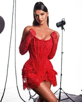 Black Red European Lace Gauze Gauze Wrapped Chest Irregular Mini Skirt