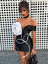 Women Celebrity Sexy Off Shoulder White Flower Black Mini Bodycon Bandage Dress Elegant Evening Club Party Dress