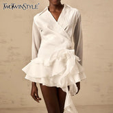 TWOTWINSTYLE Solid Mini Temperament Mini Dresses for Women V Neck Long Sleeves Patchwork 3D Flower Mini Dress Female Clothing