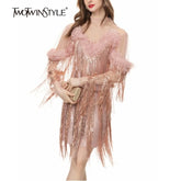 TWOTWINSTYLE Solid Spliced Tassels Elegant Dresses for Women Round Neck Short Sleeves Patchwork Fungus Folds Dress Female New