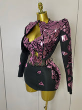 STOCK 2025 Women Sexy Pink Glitter Sequin Mirrors Short Skirt 3pcs Set Birthday Party Nightclub Queen Drag Stage Costume