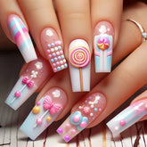 24Pcs Pink Sweet Press on Nails Square Head Colorful Cute Wearing Nail Art with Candy Dessert Design Removable Fishion Manicure