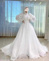 White Vestidos De Novia Muslim Wedding Dress for Women Bride White Organza High Neck Islamic Hijab Bridal Gown Puffy Sleeve WHITE