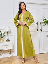 Dubai Abaya Solid Tape Trim Full Sleeve V-Neck Belted Clothing Elegant Casual Muslim Long Modest Dresses Women Olive Dress