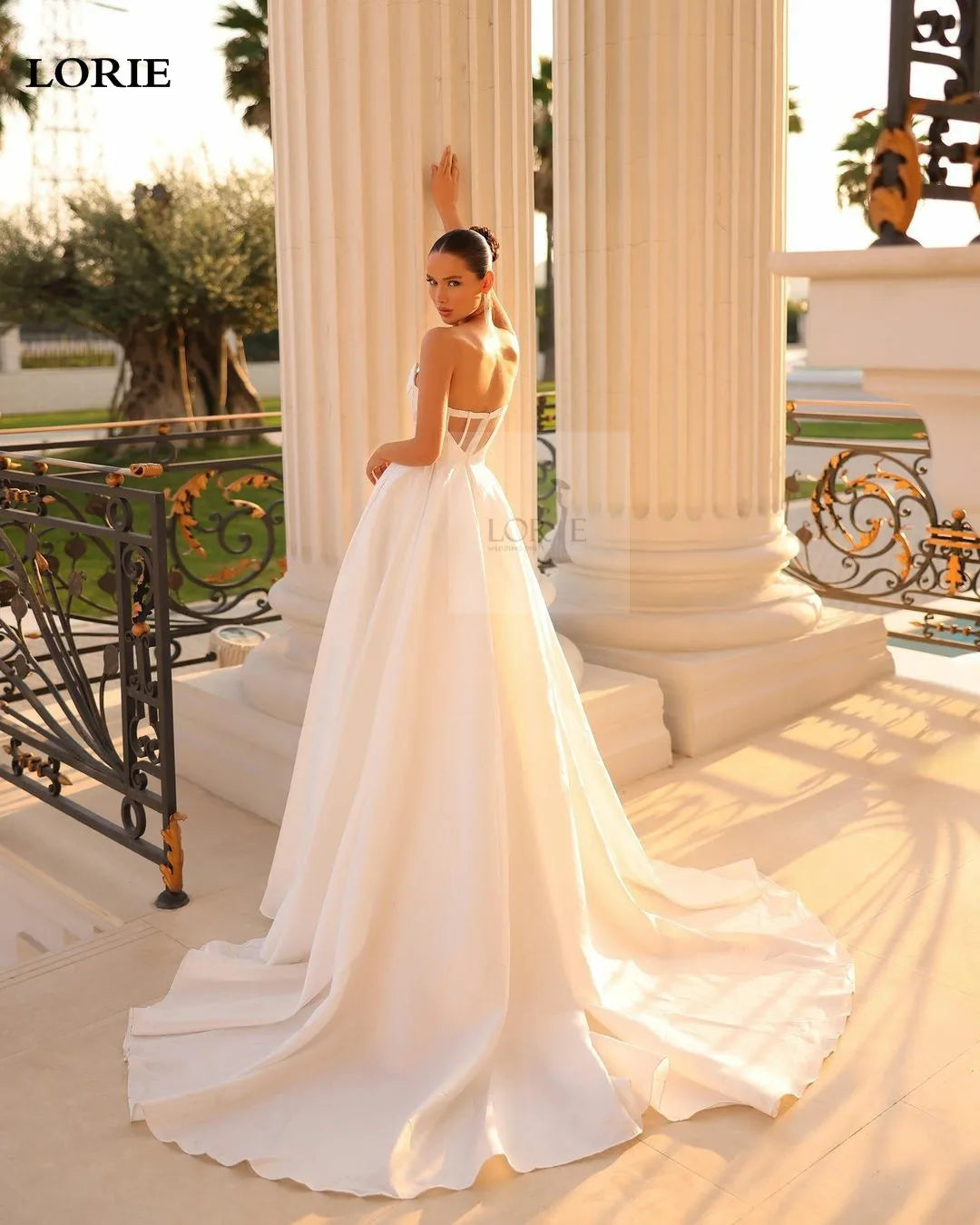 LORIE A Line Strapless Wedding Dress Side Split Satin Bride Dresses Romantic Backless Wedding Bridal Gowns