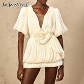 TWOTWINSTYLE Solid Slimming Spliced Fold Minimalism Mini Dresses for Women V Neck Short Sleeves Patchwork 3D Flower Dress Female