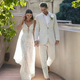 Linen Wedding Tuxedo for Summer Beach Slim Fit Formal Men Suits Groom Bridegroom Garden Wear Prom 2 Pcs Fashion Jacket Pants