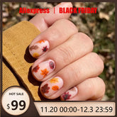 24Pcs Short Press-on Nails Set Square Fallen Leaves Design Orange Flower Nail Tips for Autumn Winter Nails Fake Women&girls Wear