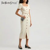 TWOTWINSTYLE Solid Slimming Spliced Single Breasted Elegant Dresses for Women Square Neck Short Sleeves Split Dress Female New