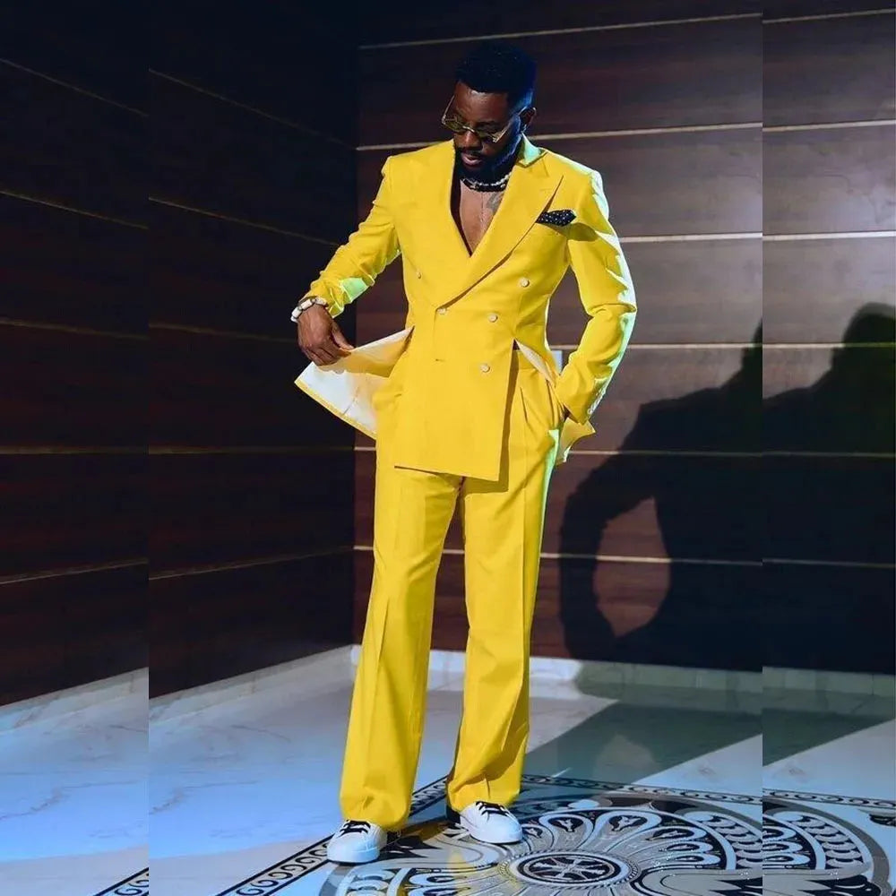 Fashion Yellow Men's Suits Special Style Double Breasted Peaked Lapel Luxury Blazer 2 Piece Jacket Pants Chic Blazer Customized Picture Color