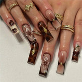 24Pcs White French Brown Smudge Fake Nails Long Square Head Detachable Press on False Nails 3D Flower Cherry Pearl Manicure Tips