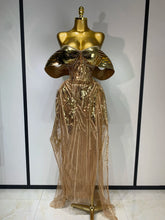Sparkly Gold Long Dress Luxury Rhinestone Sequins See Thourgh Birthday Gown Sexy Off Shoulder Performance Singer Costume