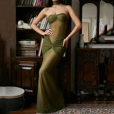 Armygreen Nude Color Women Sexy Strapless Sequins Bodycon Long Dress See Through Celebrate Nightclub Party Birthday Dress