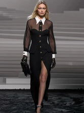 Women Bandage Celebrity Sexy Long Sleeve Mesh Black Split Long Dress Elegant Knitted Evening Club Party Dress