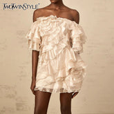 TWOTWINSTYLE Solid Slimming Spliced 3D Flowers Mini Dresses for Women Slash Neck Off Shoulder Patchwork Ruffles Dress Female New