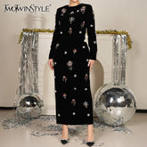 TWOTWINSTYLE Solid Slimming Two Piece Sets for Women Round Neck Long Sleeves Patchwork Diamonds Top High Wasit Skirt Female New