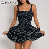 TWOTWINSTYLE Colorblock Slimming Temperament Dresses for Women Square Neck Sleeveless Patchwork Printing Mini Dress Female New