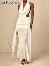 TWOTWINSTYLE Solid Slimming Spliced Hollow Out Dresses for Women Halter Neck Sleeveless Patchwork Sheer Midi Dress Female New