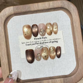 24Pcs Brown Cat's Eye with Design Fake Nail Short Round Head Press on Nails Oval Rhinestone Wearable Full Cover False Nails Tips
