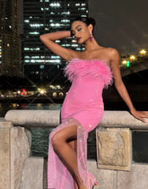 Pink Black Color Women Sexy Strapless Diamond Mesh Feathers Bodycon Long Dress Fashion Celebrate Nightclub Party Birthday Dress