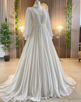 Modest Long Sleeve Muslim Wedding Gowns High Neck Beaded Chiffon A Line Arabic Women Bridal Dress Hochzeitskleider Ivory