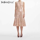TWOTWINSTYLE Solid Slimming Spliced Sequins Midi Dresses for Women Round Neck Sleeveless Patchwork Bead Elegant Dress Female New